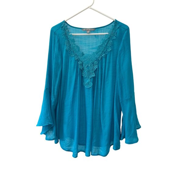 VALERIE STEVENS~ Women’s Teal Bell Sleeve Blouse Crochet Trim Size 1X - Picture 4 of 11